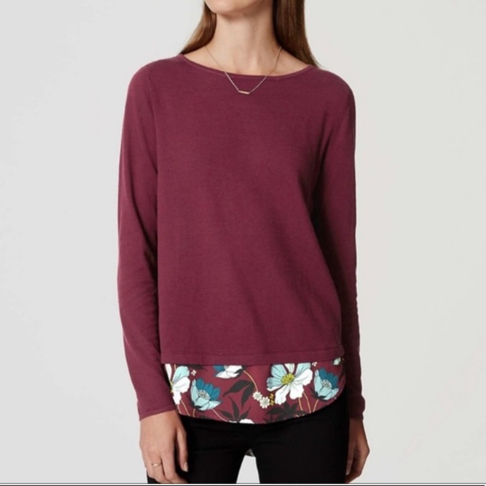 LOFT Sweater Floral Mixed Media Shirttail Hem XS